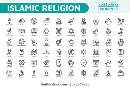 Islamic Icon Set. A beautifully crafted collection of icons reflecting Islamic culture and traditions, educational materials, apps, and websites, and Islamic community.