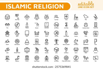 Islamic Icon Set. A beautifully crafted collection of icons reflecting Islamic culture and traditions, educational materials, apps, and websites, and Islamic community.