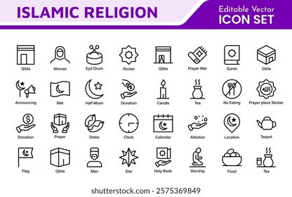Islamic Icon Set. A beautifully crafted collection of icons reflecting Islamic culture and traditions, educational materials, apps, and websites, and Islamic community.