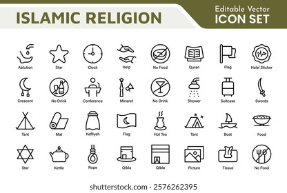 Islamic Icon Set. A beautifully crafted collection of icons reflecting Islamic culture and traditions, educational materials, apps, and websites, and Islamic community.