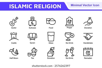 Islamic Icon Set. A beautifully crafted collection of icons reflecting Islamic culture and traditions, educational materials, apps, and websites, and Islamic community.