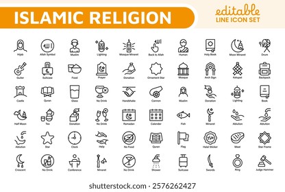 Islamic Icon Set. A beautifully crafted collection of icons reflecting Islamic culture and traditions, educational materials, apps, and websites, and Islamic community.
