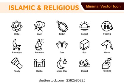 Islamic Icon Set. A beautifully crafted collection of icons reflecting Islamic culture and traditions, educational materials, apps, and websites, and Islamic community.