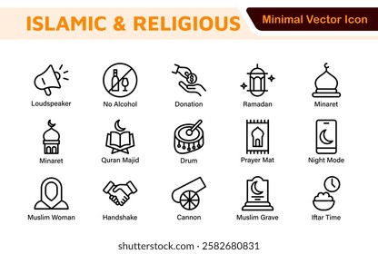 Islamic Icon Set. A beautifully crafted collection of icons reflecting Islamic culture and traditions, educational materials, apps, and websites, and Islamic community.