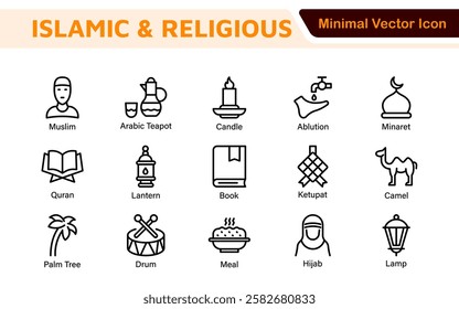 Islamic Icon Set. A beautifully crafted collection of icons reflecting Islamic culture and traditions, educational materials, apps, and websites, and Islamic community.