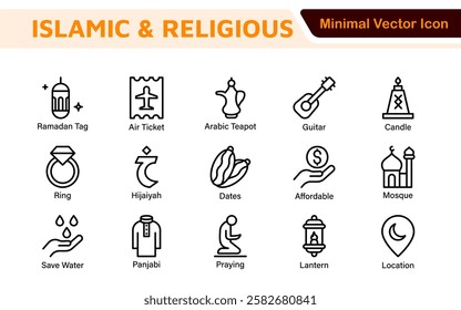 Islamic Icon Set. A beautifully crafted collection of icons reflecting Islamic culture and traditions, educational materials, apps, and websites, and Islamic community.