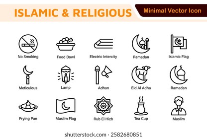 Islamic Icon Set. A beautifully crafted collection of icons reflecting Islamic culture and traditions, educational materials, apps, and websites, and Islamic community.