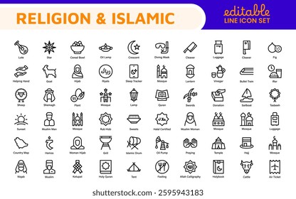 Islamic Icon Set. A beautifully crafted collection of icons reflecting Islamic culture and traditions, educational materials, apps, and websites, and Islamic community.