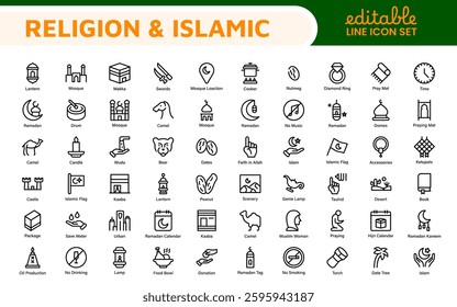 Islamic Icon Set. A beautifully crafted collection of icons reflecting Islamic culture and traditions, educational materials, apps, and websites, and Islamic community.