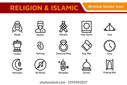 Islamic Icon Set. A beautifully crafted collection of icons reflecting Islamic culture and traditions, educational materials, apps, and websites, and Islamic community.