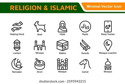 Islamic Icon Set. A beautifully crafted collection of icons reflecting Islamic culture and traditions, educational materials, apps, and websites, and Islamic community.