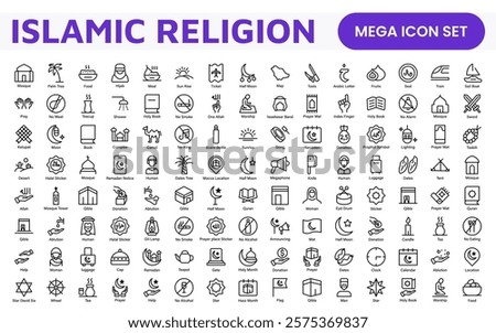 Islamic Icon Set. A beautifully crafted collection of icons reflecting Islamic culture and traditions, educational materials, apps, and websites, and Islamic community.