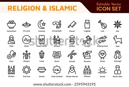 Islamic Icon Set. A beautifully crafted collection of icons reflecting Islamic culture and traditions, educational materials, apps, and websites, and Islamic community.
