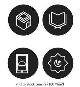 An Islamic icon set featuring the Kaaba, Quran, prayer time device, and decorative Islamic pattern symbolizing faith, knowledge, and spirituality.