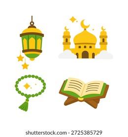 Ilustração do conjunto de ícones islâmicos com mesquita, lanterna, contas de oração e Alcorão. Ideal para Ramadã, Eid, educação islâmica, temas de adoração muçulmana, projetos religiosos e conteúdo espiritual.