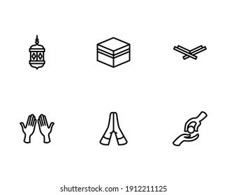 Islamic Icon Set with Lantern, Kaaba, Al Quran, Praying Hands Icon