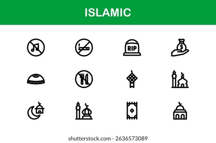 Islamic Icon Set in Minimal Vector Style with Mosque, Quran, Prayer, and Moon Elements for Cultural Projects