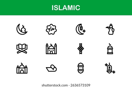 Islamic Icon Set in Minimal Vector Style with Mosque, Quran, Prayer, and Moon Elements for Cultural Projects