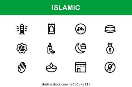 Islamic Icon Set in Minimal Vector Style with Mosque, Quran, Prayer, and Moon Elements for Cultural Projects