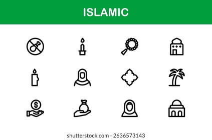Islamic Icon Set in Minimal Vector Style with Mosque, Quran, Prayer, and Moon Elements for Cultural Projects