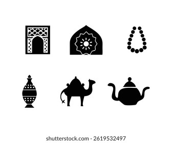 Conjunto de ícones islâmicos - Mesquita, Crescente, Camelo, Lanterna, Contas de oração, Bule

