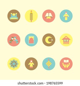 Islamic icon set on colorful round background for Ramadan festival vector art 