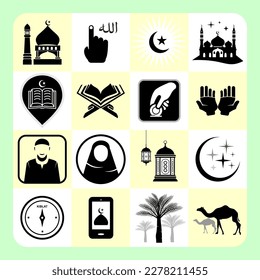 
Islamic icon set vector illustration. Set of icons related to islamic symbols for Islamic concept element design. Suitable for the  ramadan, Eid and other Islamic event. Vector Illustrations