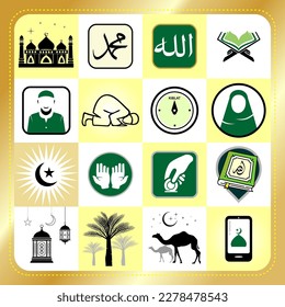 Islamic icon set vector illustration. Set of icons related to islamic symbols for Islamic concept element design. Suitable for the Ramadan, Eid and other Islamic event. Vector Illustrations