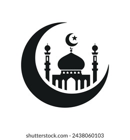 Islamic Icon Silhouette of Mosque Resting on Crescent Moon