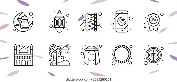 Islamic icon with thin line style, use for Islamic event or pictogram assets, Ramadan Kareem, Eid Mubarak. Islamic Line Art Icons Set. Ramadan Kareem Line Vector Icons.