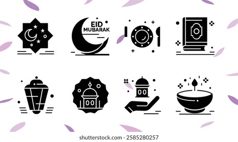 Islamic icon with thin line style, use for Islamic event or pictogram assets, Ramadan Kareem, Eid Mubarak. Islamic Line Art Icons Set. Ramadan Kareem Line Vector Icons.