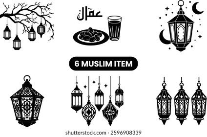 Islamic icon vector art illustration, Islamic icon set, Islamic icons for Ramadan template with white background.