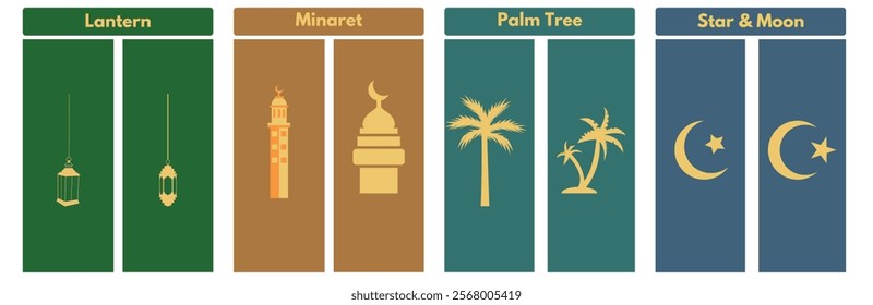 Islamic icons featuring a lantern, minaret, palm tree, and star and crescent. Perfect for Ramadan, Eid, and Islamic designs. 