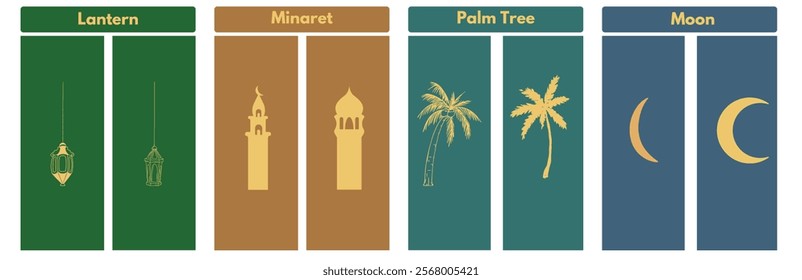 Islamic icons featuring a lantern, minaret, palm tree, and star and crescent. Perfect for Ramadan, Eid, and Islamic designs. 