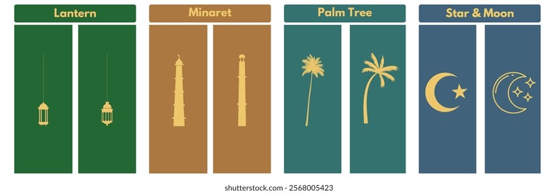 Islamic icons featuring a lantern, minaret, palm tree, and star and crescent. Perfect for Ramadan, Eid, and Islamic designs. 