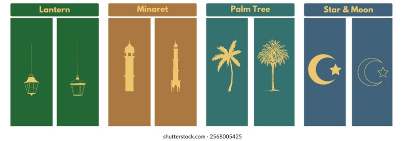 Islamic icons featuring a lantern, minaret, palm tree, and star and crescent. Perfect for Ramadan, Eid, and Islamic designs. 