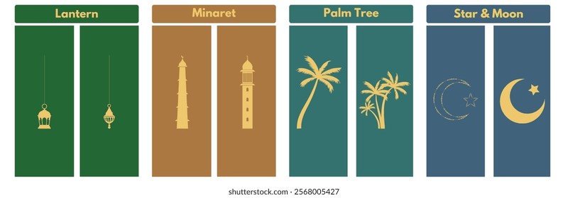 Islamic icons featuring a lantern, minaret, palm tree, and star and crescent. Perfect for Ramadan, Eid, and Islamic designs. 