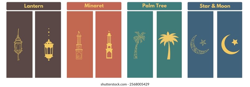 Islamic icons featuring a lantern, minaret, palm tree, and star and crescent. Perfect for Ramadan, Eid, and Islamic designs. 