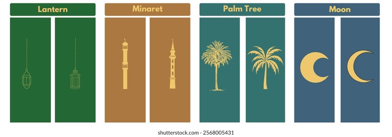 Islamic icons featuring a lantern, minaret, palm tree, and star and crescent. Perfect for Ramadan, Eid, and Islamic designs. 