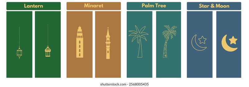 Islamic icons featuring a lantern, minaret, palm tree, and star and crescent. Perfect for Ramadan, Eid, and Islamic designs. 