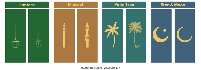 Islamic icons featuring a lantern, minaret, palm tree, and star and crescent. Perfect for Ramadan, Eid, and Islamic designs. 