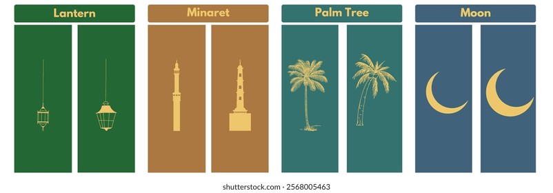 Islamic icons featuring a lantern, minaret, palm tree, and star and crescent. Perfect for Ramadan, Eid, and Islamic designs. 