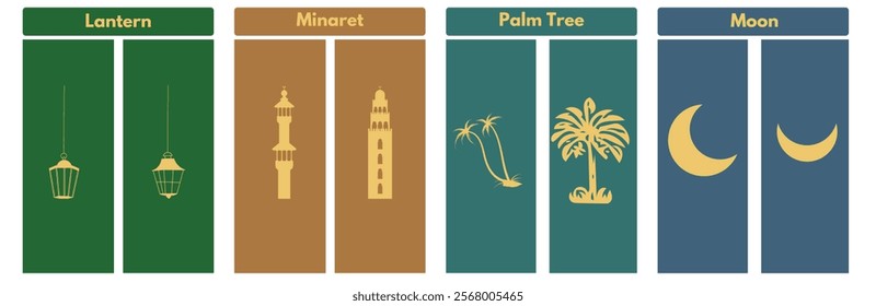 Islamic icons featuring a lantern, minaret, palm tree, and star and crescent. Perfect for Ramadan, Eid, and Islamic designs. 