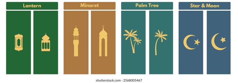 Islamic icons featuring a lantern, minaret, palm tree, and star and crescent. Perfect for Ramadan, Eid, and Islamic designs. 