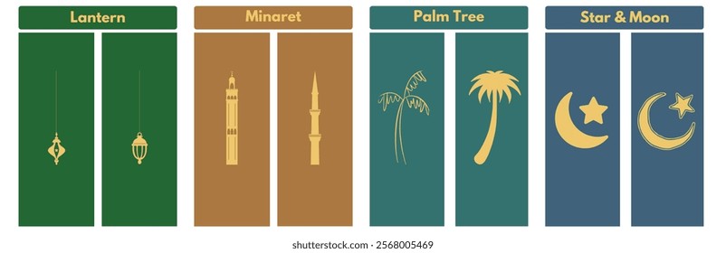 Islamic icons featuring a lantern, minaret, palm tree, and star and crescent. Perfect for Ramadan, Eid, and Islamic designs. 