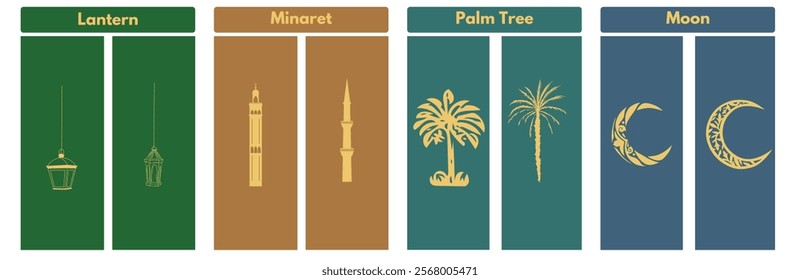 Islamic icons featuring a lantern, minaret, palm tree, and star and crescent. Perfect for Ramadan, Eid, and Islamic designs. 