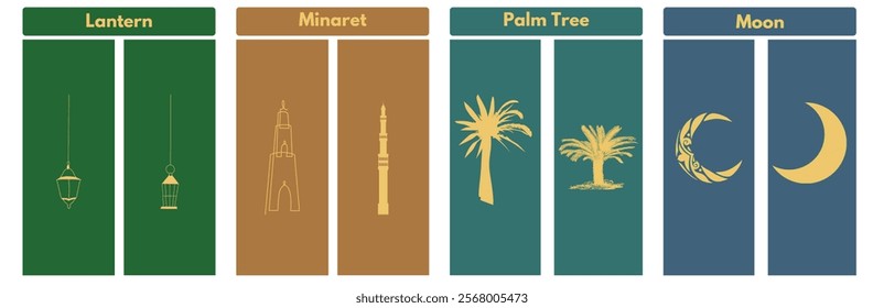 Islamic icons featuring a lantern, minaret, palm tree, and star and crescent. Perfect for Ramadan, Eid, and Islamic designs. 