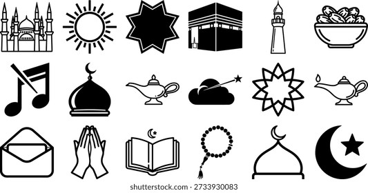 Iconos islámicos con arquitectura de mezquita Manos de oración de la Kaaba sagrada Tasbih Rosario Fechas Tazón Corán y símbolos de Ramadán en estilo de arte de línea y silueta