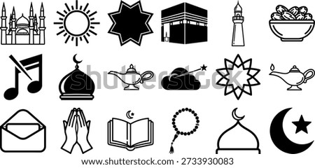 Islamic Icons featuring Mosque Architecture Holy Kaaba Prayer Hands Tasbih Rosary Dates Bowl Quran and Ramadan Symbols in Line Art and Silhouette Style
