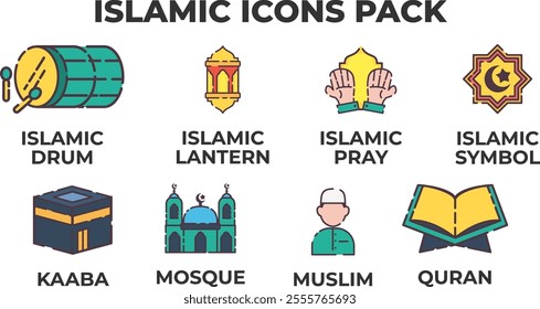 Islamic icons pack. Flat line color icon of collection of a vibrant set of Islamic icons, depicting key symbols and elements of Islamic culture and faith. Ideal for ramadan. Colored outline icon.